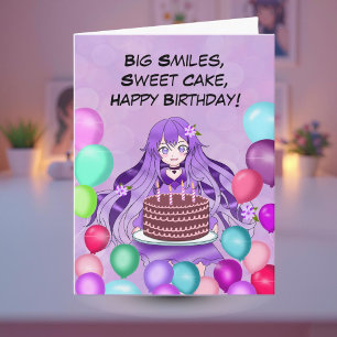 Tarjeta Adolescente de anime morado sosteniendo pastel de