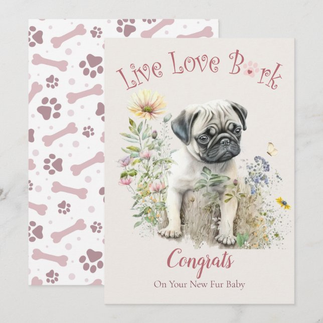 Tarjeta Adopción de Perros Pug, Día de la Llegada (Anverso / Reverso)