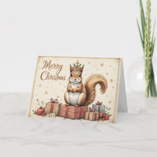 Tarjeta Adorable ardilla de Navidad con bufanda en el bosq