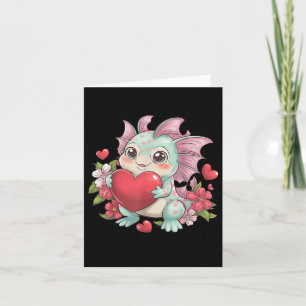 Tarjeta Adorable Axolotl sosteniendo corazón con flores