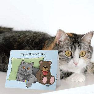 Tarjeta Adorable Azul Encantador Gris Mejor Mamá Gatos Día