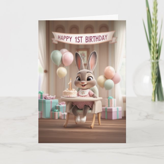 Tarjeta Adorable Baby Bunny First Birthday Celebration (Anverso)