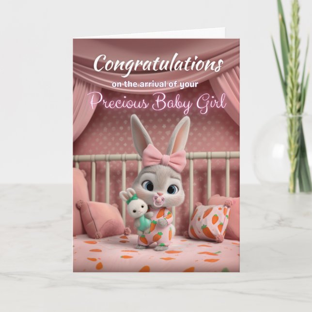 Tarjeta Adorable Baby Bunny in Pink Congrats New Baby Girl (Anverso)
