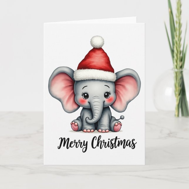Tarjeta Adorable Baby Elephant Santa Hat Merry Christmas (Anverso)