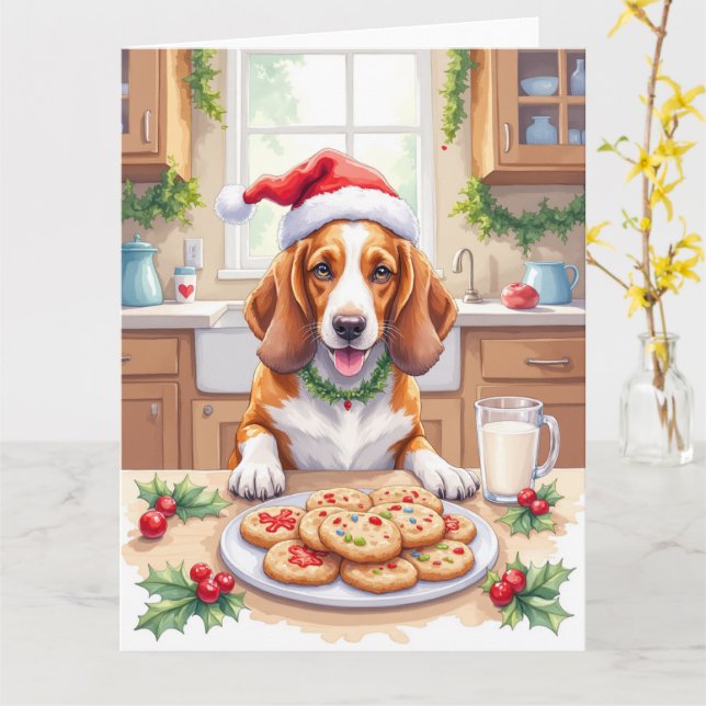 Tarjeta Adorable Basset Hound Sneaking Christmas Cookies (flor amarilla)