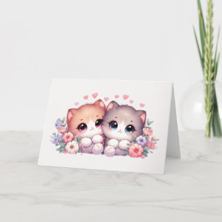 Tarjeta Adorable Blushing Kitten Pair Heart & Floral Blank