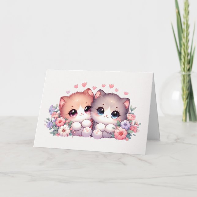 Tarjeta Adorable Blushing Kitten Pair Heart & Floral Blank (Anverso)