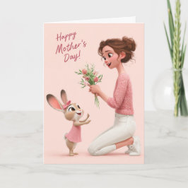 Tarjeta Adorable Bunny Gives Flowers for Mother’s Day Card