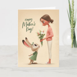 Tarjeta Adorable Bunny Giving Flowers Mother's Day Card