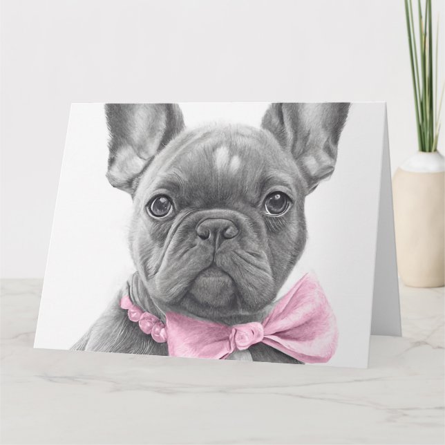 Tarjeta Adorable cachorro de bulldog francés con arco rosa (Anverso)