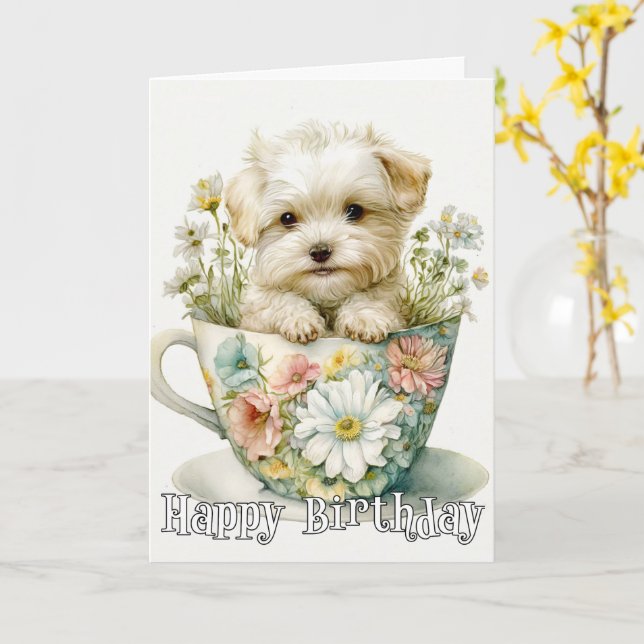 Tarjeta Adorable Cachorro En Una Taza De Té (flor amarilla)