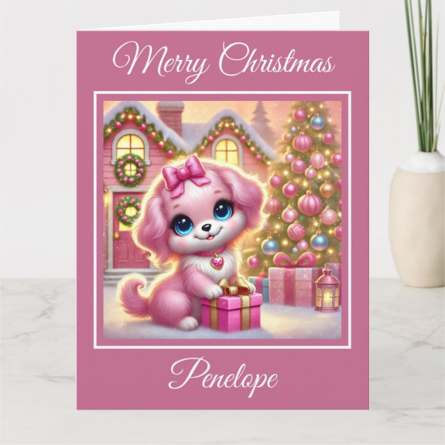 Tarjeta Adorable cachorro rosa en una cabaña de Navidades (Anverso)