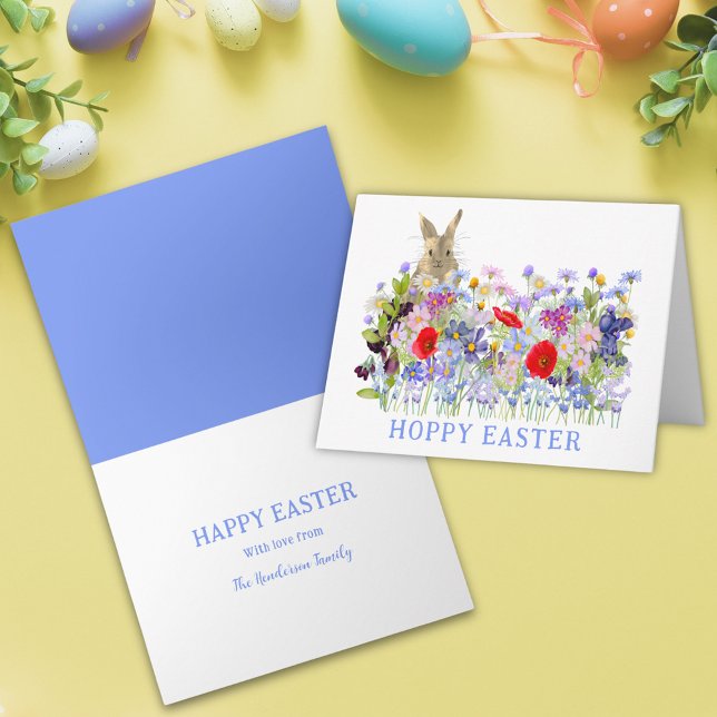 Tarjeta Adorable conejito de Pascua y floral de primavera (Personalized hoppy easter cute bunny colorful wildflower meadow spring floral holiday greetings card)