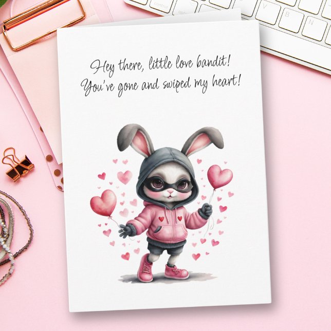 Tarjeta Adorable conejito rosa Steals Heart El día de San  (Adorable Pink Bunny Steals Heart Valentine's Day Card)
