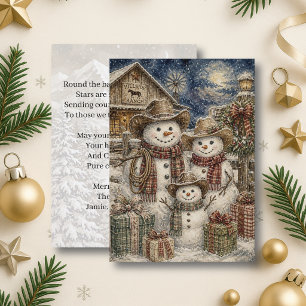 Tarjeta Adorable familia de muñeco de nieve rústico con es