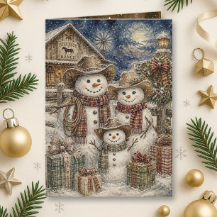 Tarjeta Adorable familia de muñeco de nieve rústico countr