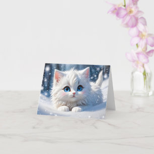 Tarjeta Adorable Fluffy White Cat Blue Eyes Blank Saludo