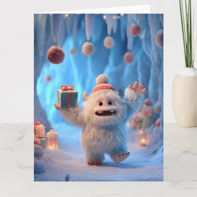 Tarjeta Adorable Fluffy Yeti Creature Celebrating (Anverso)