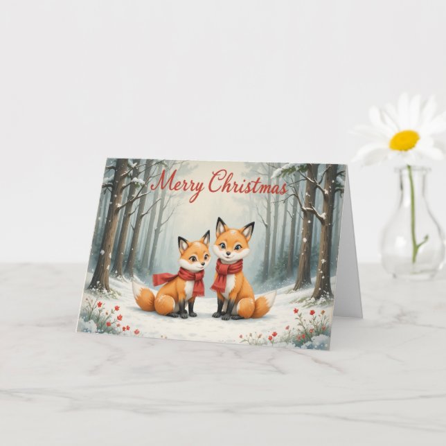 Tarjeta Adorable Fox Christmas Snowy Woods and Red Scarf (Planta pequeña)