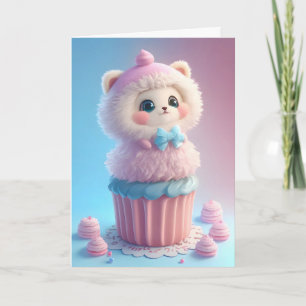 Tarjeta Adorable gatito blanco horneando cupcakes en blanc