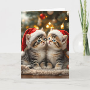 Tarjeta Adorable gatito de Navidad con sombreros de Santa