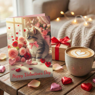 Tarjeta Adorable Gatito Esponjoso con Rosas Día de San Val