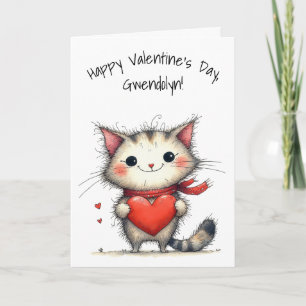 Tarjeta Adorable gato gris y blanco Feliz día de San Valen