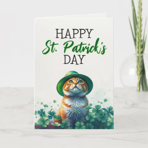 Tarjeta Adorable Gato Pelirrojo y Tréboles Día de San Patr