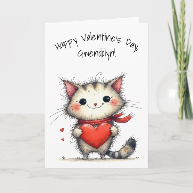 Tarjeta Adorable Gray and White Cat Happy Valentine's Day (Anverso)
