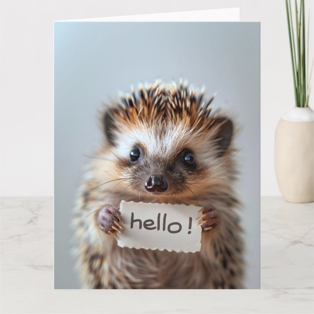 Tarjeta Adorable Hedgehog Holding "¡Hola!" Cartel (Anverso)
