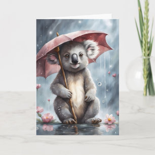 Tarjeta Adorable ilustración de koala con paraguas y flore