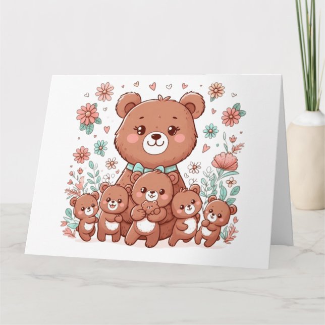 Tarjeta Adorable mamá oso con cinco cachorros (Anverso)
