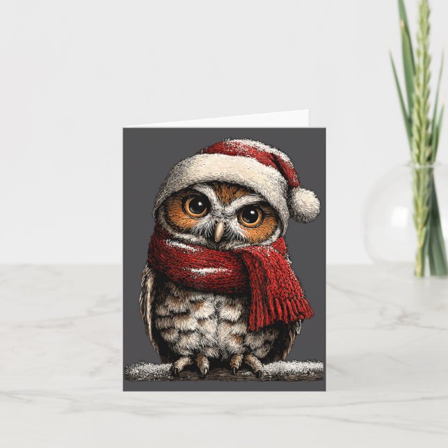 Tarjeta Adorable Owl With Santa Hat Snowy Winter Christmas (Anverso)