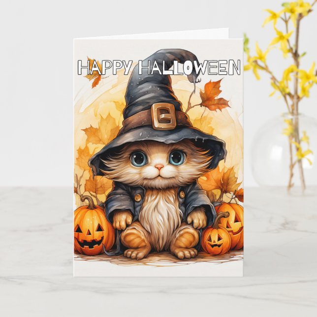 Tarjeta Adorable Pequeña Bruja De Gato De Gato | Feliz Hal (flor amarilla)