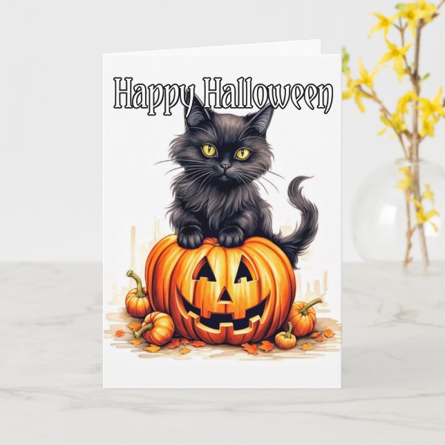 Tarjeta Adorable Pequeña Gato Gato Brujo | Feliz Halloween (flor amarilla)
