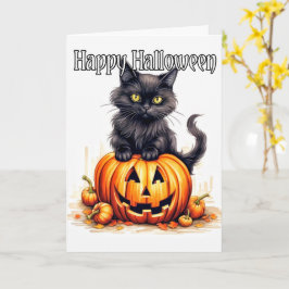 Tarjeta Adorable Pequeña Gato Gato Brujo | Feliz Halloween