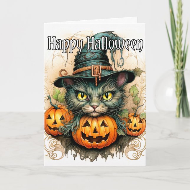Tarjeta Adorable Pequeña Gato Gato Brujo | Feliz Halloween (Anverso)