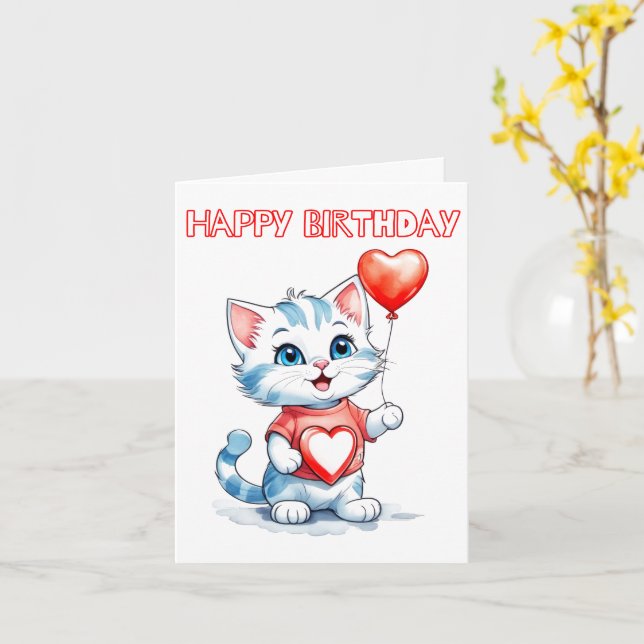 Tarjeta Adorable Pequeño Gato Kitty Feliz Cumpleaños (flor amarilla)