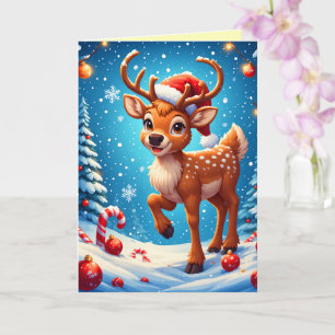 Tarjeta Adorable pequeño reno Navideño sombrero de Santa I