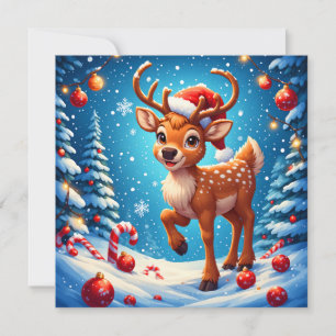 Tarjeta Adorable pequeño reno Navideño sombrero de Santa I