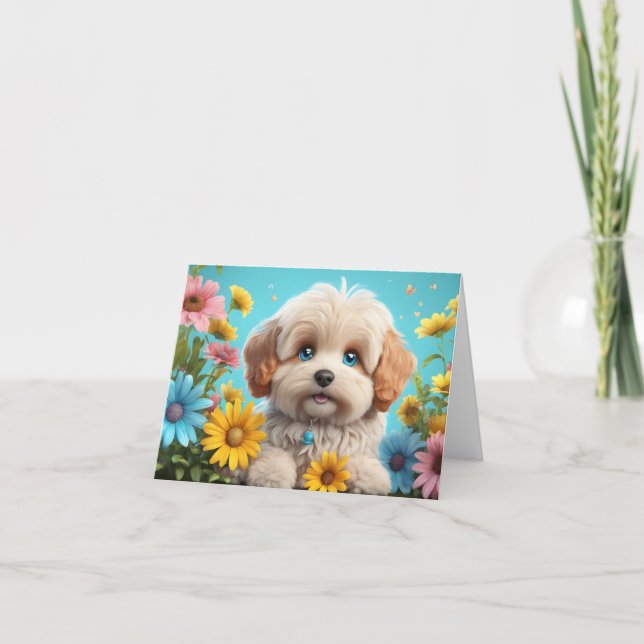 Tarjeta Adorable Perro Fluffy con Flores Saludo en Blanco (Anverso)