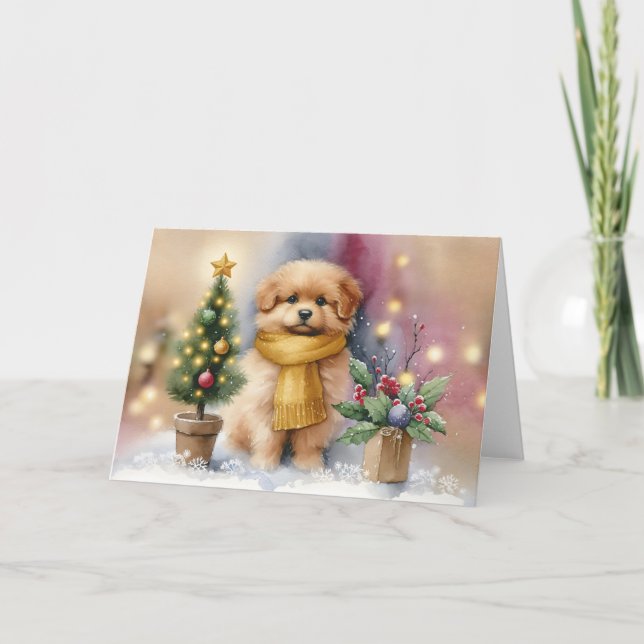 Tarjeta Adorable Puppy with Yellow Scarf & Christmas Tree (Anverso)