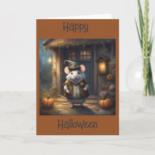 Tarjeta adorable ratón regordete con disfraz de Halloween