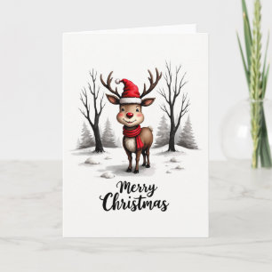 Tarjeta Adorable Reno Santa Sombrero Bufanda Roja Feliz Na