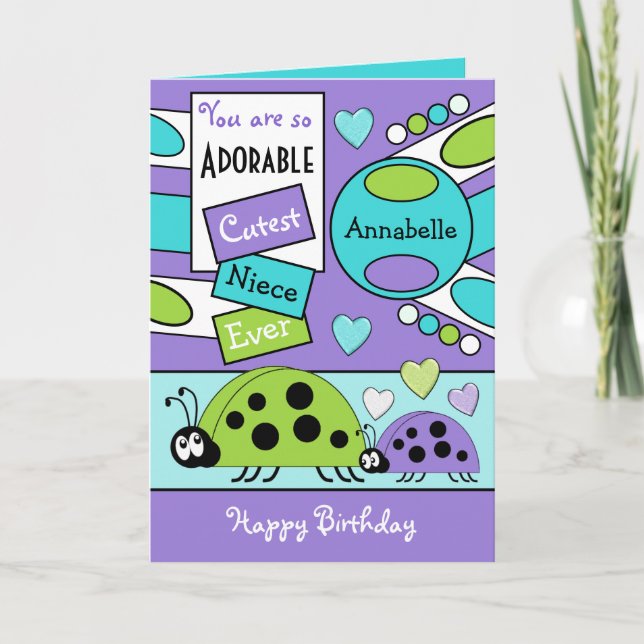 Tarjeta Adorable sobrina ladybugs especial chica morado ve (Anverso)