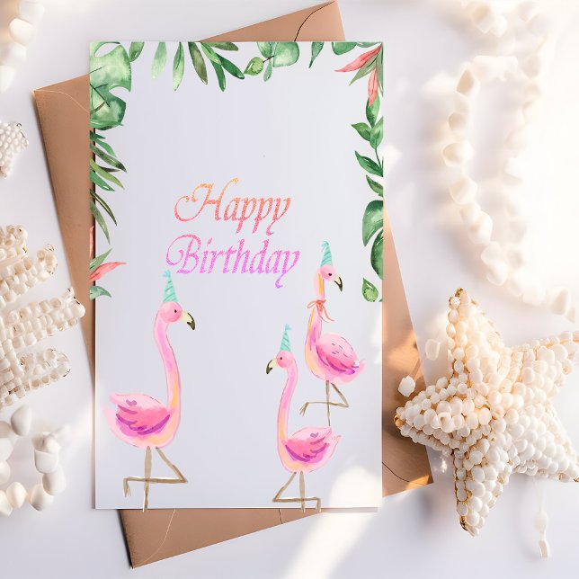 Tarjeta Adorables flamencos rosados con hojas tropicales (Subido por el creador)