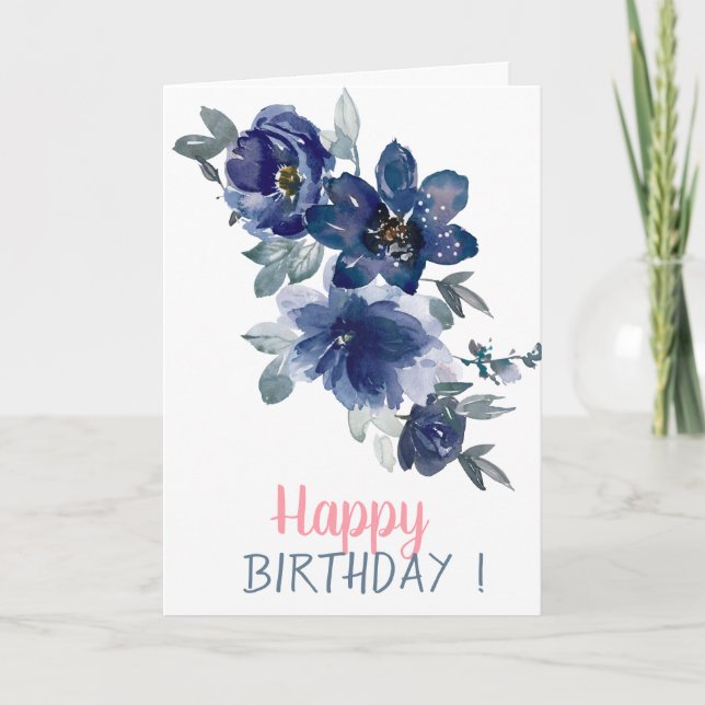 Tarjeta Adorables Flores Azules de Acuarela Cumpleaños (Anverso)
