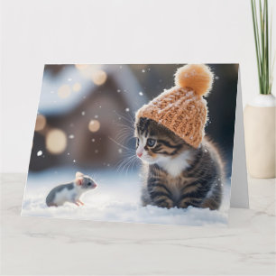 Tarjeta Adorables gatitos y ratones en la nieve juntos
