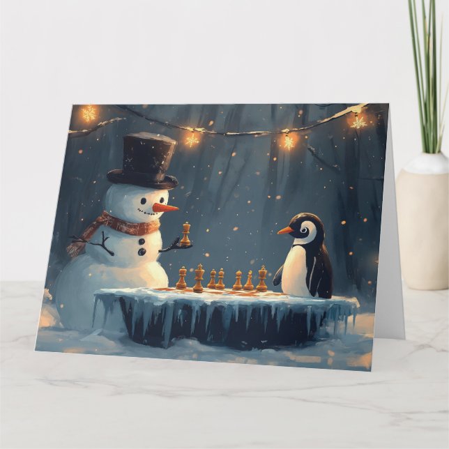 Tarjeta Adorables hombres de nieve y pingüinos jugando al  (Anverso)