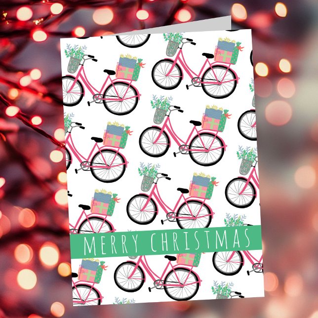 Tarjeta Adorables Navidades Bicicletas Vacaciones En Bicic (Adorable Christmas Bicycle Holiday Cute Girly Pink Modern Xmas Card
)